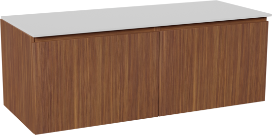 Balmani Sfera zwevend badmeubel 135 x 55 cm amerikaans notenhout met Stretto enkel of dubbel wastafelblad in solid surface mat wit