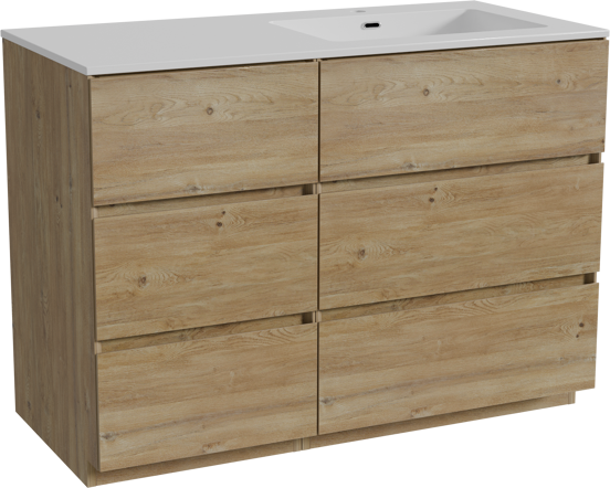 Storke Edge meuble salle de bains à poser 110 x 52 cm chêne brut avec Diva plan vasque asymétrique à droite en marbre composite blanc brillant