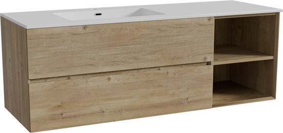 Storke Edge zwevend badmeubel 150 x 52 cm ruw eiken met Diva asymmetrisch linkse wastafel in composietmarmer hoogglans wit