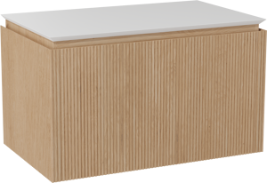 Balmani Eclips meuble salle de bains suspendu 90 x 55 cm Chêne naturelle avec Eclips tablette simple en Solid Surface blanc mat, Nervure droite symétrique verticale