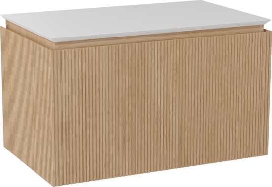 Balmani Eclips meuble salle de bains suspendu 90 x 55 cm Chêne naturelle avec Eclips tablette simple en Solid Surface blanc mat, Nervure droite symétrique verticale