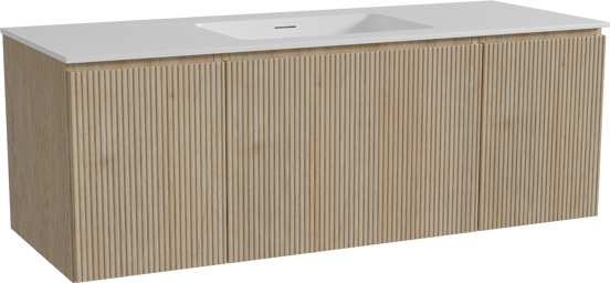 Storke Ribs hängendes Möbelstück Set: 135 x 52 cm, Rohe Eiche, mit Mata Einzelwaschtisch, Solid Surface, Weiß matt, Vertikale symmetrische gerade Rippe