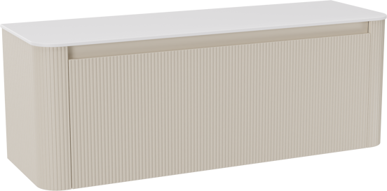 Storke Soft meuble salle de bains suspendu 140 x 46 cm Sand mat avec Tavola Soft tablette simple ou double vasque en Solid Surface blanc mat, Nervure droite symétrique verticale