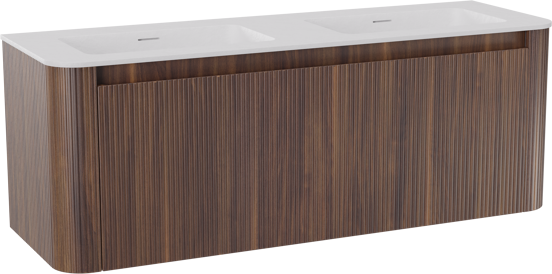 Storke Soft hängendes Möbelstück Set: 140 x 46 cm, Nussbaum, mit Mata Soft Doppelwaschtischplatte Solid Surface Weiβ matt, Vertikale symmetrische gerade Rippe