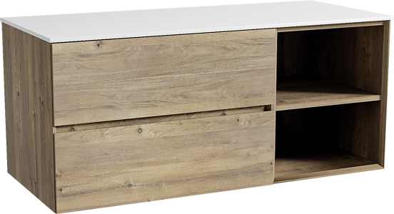 Storke Edge zwevend badmeubel 120 x 52 cm ruw eiken met Tavola enkel of dubbel wastafelblad in solid surface mat wit