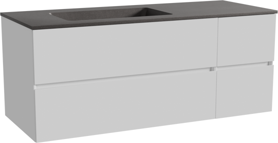 Storke Edge zwevend badmeubel 130 x 52 cm hoogglans wit met Scuro asymmetrisch linkse wastafel in kwarts mat zwart