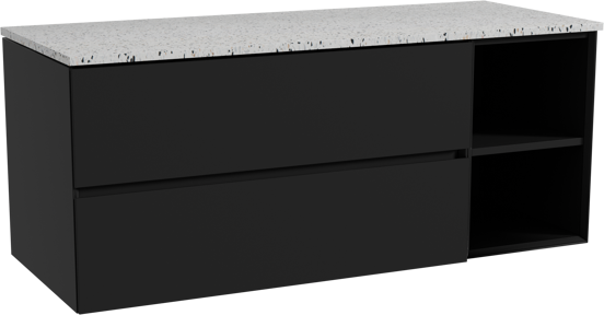 Storke Edge meuble salle de bains suspendu 130 x 52 cm noir mat avec Tavola tablette simple ou double en blanc/noir mat terrazzo