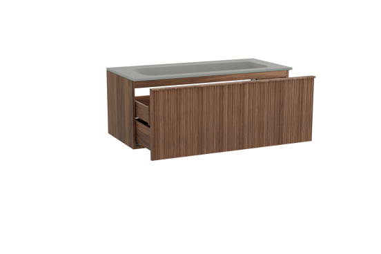 Balmani Forma hängendes Möbelstück Set: 120 x 55 cm, Amerikanischer Nussbaum, mit Tablo Strada Einzelwaschtisch für 2 Armaturenlöcher, Marmorkomposit, Seidengrau, Vertikale asymmetrische Runde Rippe