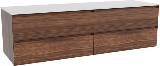 Balmani Mitra zwevend badkamermeubel 180 x 55 cm notelaar met Stretto enkel of dubbel tablet in solid surface mat wit