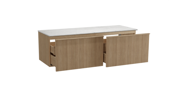 Balmani Forma zwevend badkamermeubel 150 x 55 cm natuur eik met Stretto enkel of dubbel tablet in marmer carrara, Verticale symmetrische rechte ribbel