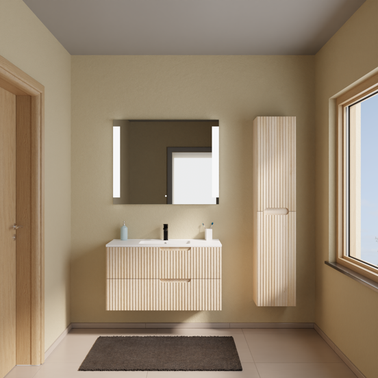 Linie Ribbo meuble salle de bains suspendu 100 x 46 cm chêne clair avec Vano plan simple en marbre composite blanc mat, Nervure circulaire symétrique verticale