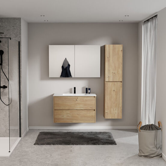 Storke Seda zwevend badkamermeubel 95 x 52 cm ruwe eik met Mata enkele wastafel in solid surface mat wit
