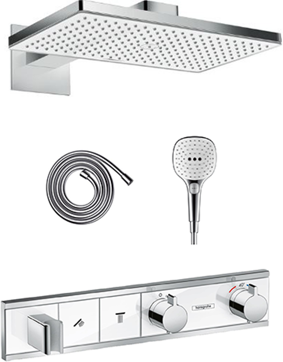 Hansgrohe Rainselect colonne de douche encastrée robinet thermostatique avec douche de tête rectangulaire 46 x 27 cm chrome et blanc brillants