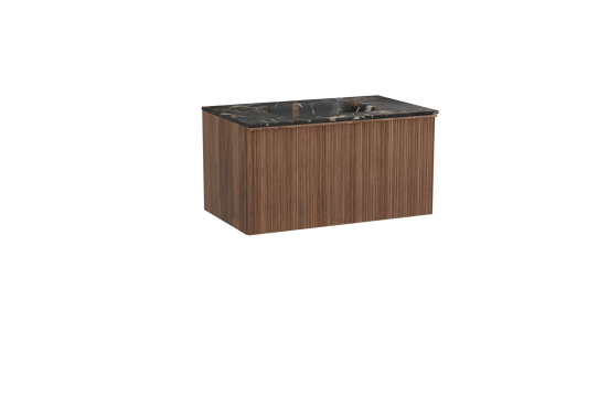 Balmani Forma hängendes Möbelstück Set: 90 x 55 cm, Amerikanischer Nussbaum, mit Tablo Arcato Einzelwaschtisch, Marmor, Portoro Gold, Vertikale asymmetrische Runde Rippe