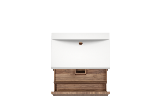 Balmani Forma zwevend badkamermeubel 90 x 55 cm amerikaanse notelaar met Wave enkele wastafel in solid surface mat wit, Verticale asymmetrische ronde ribbel