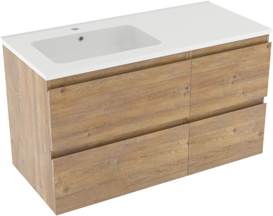 Linie Lado zwevend badmeubel 100 x 46 cm naturel eiken met Vano asymmetrisch linkse wastafel in composietmarmer mat wit