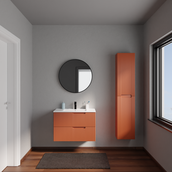 Linie Ribbo meuble salle de bains suspendu 80 x 46 cm cotto avec Vano plan simple en marbre composite blanc brillant, Nervure circulaire symétrique verticale