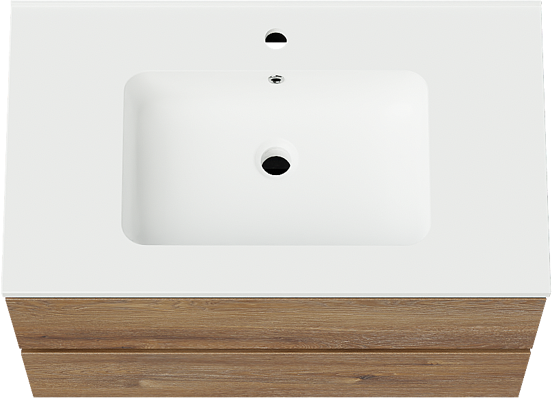 Linie Lado hängendes Möbelstück Set: 80 x 46 cm, Braune Eiche, mit Vano Einzelwaschtisch, Marmorkomposit Weiß matt