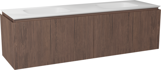 Balmani Eclips zwevend badkamermeubel 180 x 55 cm Amerikaanse notelaar met Eclips dubbele wastafel in Solid Surface mat wit, Verticale symmetrische rechte ribbel