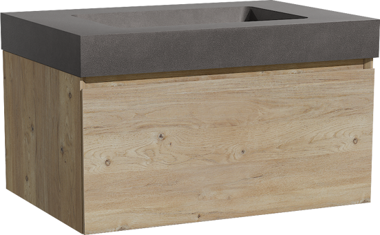 Storke Edge zwevend badmeubel 75 x 52 cm ruw eiken met Scuro High enkele wastafel in kwarts mat zwart