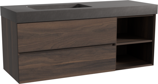 Storke Edge meuble salle de bains suspendu 140 x 52 cm noyer avec Scuro High vasque asymétrique gauche en quartz noir mat