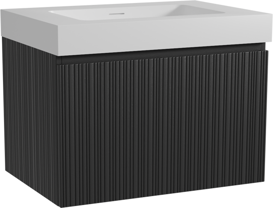 Storke Ribs meuble salle de bains suspendu 75 x 52 cm chêne noir avec Mata High plan simple en solid surface blanc mat, Nervure droite asymétrique verticale