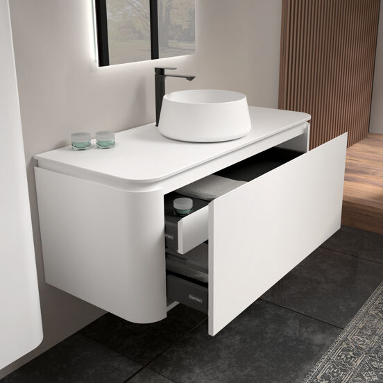 Balmani Moon meuble salle de bains suspendu 130 x 55 cm blanc mat avec Moon tablette simple ou double en solid surface blanc mat