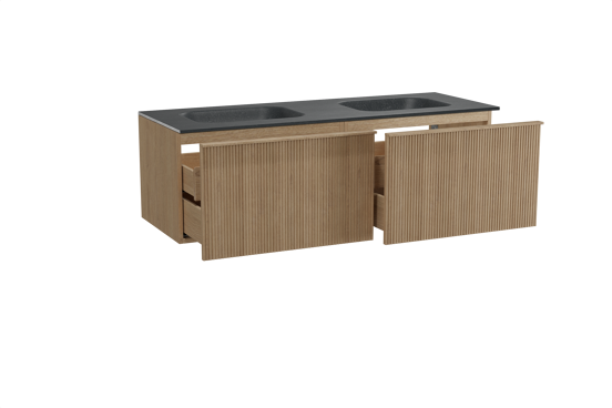 Balmani Forma meuble salle de bains suspendu 150 x 55 cm chêne naturel avec Tablo Arcato double vasque en granit noir, Nervure droite symétrique verticale