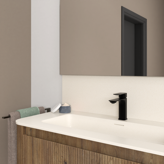 Storke Soft meuble salle de bains suspendu 100 x 46 cm noyer avec Tavola Soft tablette simple en Solid Surface beige granite, Nervure droite symétrique verticale
