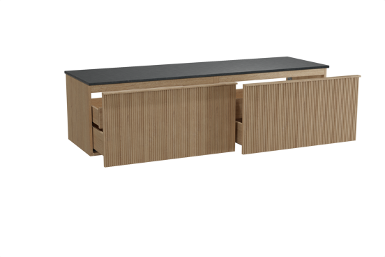 Balmani Forma hängendes Möbelstück Set: 180 x 55 cm, Naturbelassene Eiche, mit Stretto Einzel- oder Doppel Waschtischplatte, Granit, Schwarzes Granit, Vertikale symmetrische gerade Rippe