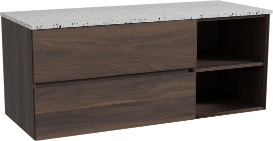 Storke Edge zwevend badmeubel 130 x 52 cm notenhout met Tavola enkel of dubbel wastafelblad in mat wit/zwart terrazzo