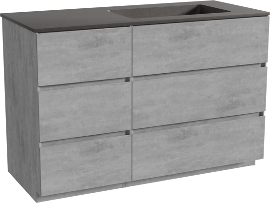 Storke Edge staand badmeubel 120 x 52 cm beton donkergrijs met Scuro asymmetrisch rechtse wastafel in kwarts mat zwart