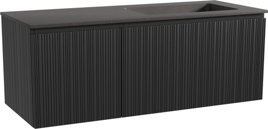 Storke Ribs zwevend badmeubel 130 x 52 cm zwart eiken met Scuro asymmetrisch rechtse wastafel in kwarts mat zwart, Verticale asymmetrische rechte ribbel