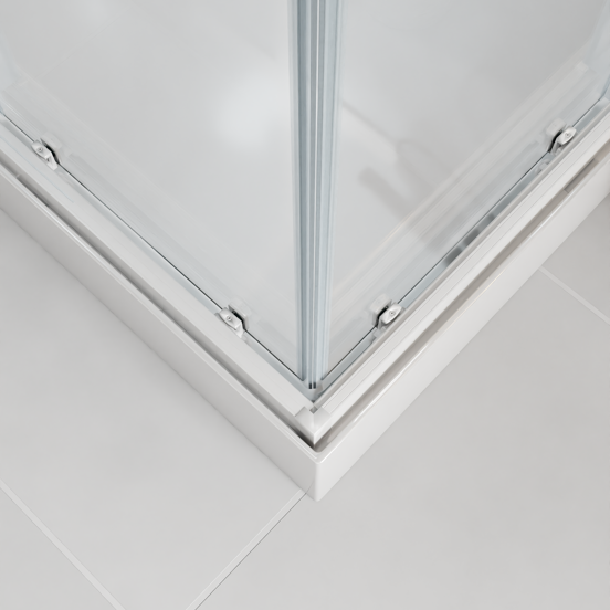 Luca Varess Talan Duschkabine: Schiebetür, 90 x 90 cm, Klarglas mit gestreiftem matten Band, Weißes Profil, glänzend