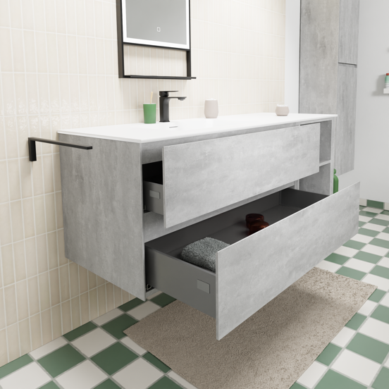 Storke Edge hängendes Möbelstück Set: 150 x 52 cm, Beton dunkelgrau, mit Mata Waschtisch links, Solid Surface Weiß matt
