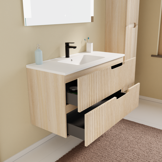 Linie Ribbo meuble salle de bains suspendu 100 x 46 cm chêne clair avec Vano plan simple en marbre composite blanc mat, Nervure circulaire symétrique verticale