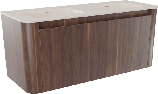 Storke Soft hängendes Möbelstück Set: 120 x 46 cm, Nussbaum, mit Mata Soft Doppelwaschtischplatte Solid Surface Beige Granit
