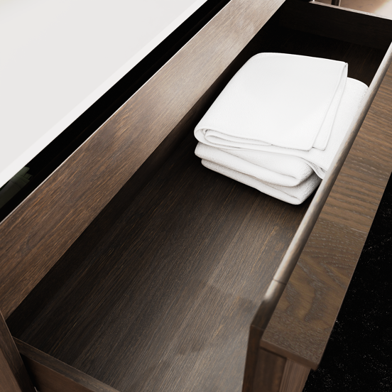 Balmani Forma hängendes Möbelstück Set: 120 x 55 cm, Geräucherte Eiche, mit Tablo Arcato Einzelwaschtisch für 2 Armaturenlöcher, Solid Surface, Weiß matt, Vertikale symmetrische gerade Rippe
