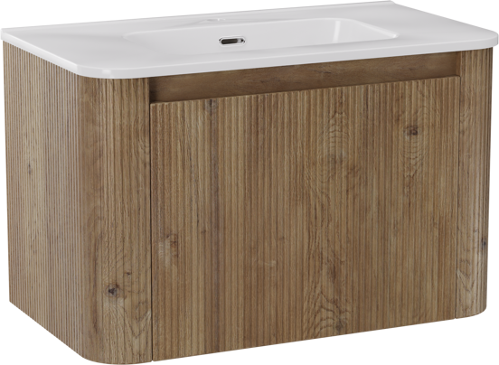 Storke Soft zwevend badkamermeubel 80 x 46 cm ruwe eik met Kera Soft enkele wastafel in porselein glanzend wit, Verticale symmetrische rechte ribbel
