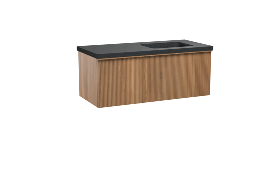 Balmani Forma zwevend badkamermeubel 120 x 55 cm teak met Napoli asymmetrisch rechtse wastafel in graniet zwart, Verticale symmetrische rechte ribbel
