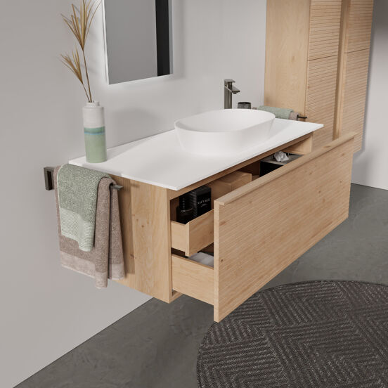 Balmani Forma hängendes Möbelstück Set: 120 x 55 cm, Naturbelassene Eiche, mit Stretto Einzel- oder Doppel Waschtischplatte, Solid Surface, Weiß matt, Horizontale symmetrische gerade Rippe