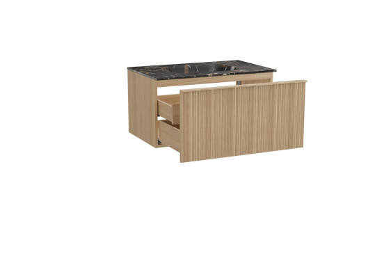 Balmani Forma hängendes Möbelstück Set: 90 x 55 cm, Naturbelassene Eiche, mit Tablo Arcato Einzelwaschtisch, Marmor, Portoro Gold, Vertikale asymmetrische Runde Rippe