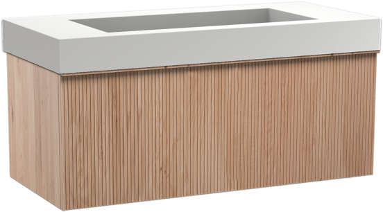 Balmani Forma zwevend badkamermeubel 120 x 55 cm natuur eik met Modus enkele wastafel voor 2 kraangaten in solid surface mat wit, Verticale symmetrische rechte ribbel