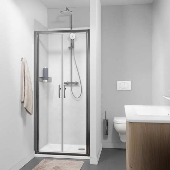 Linie Cadiz douche pendeldeur 90 cm x 190 cm Helder glas geborsteld chroom profiel