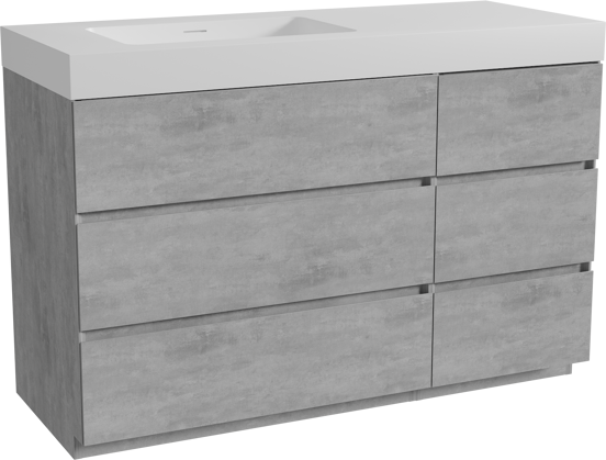 Storke Edge staand badkamermeubel 130 x 52 cm beton donkergrijs met Mata High asymmetrisch linkse wastafel in solid surface mat wit