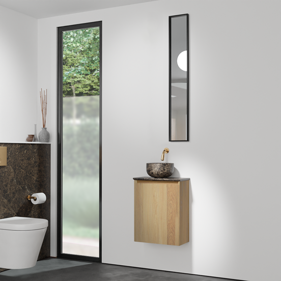 Balmani Mitra zwevend toiletmeubel 42 x 21 cm naturel eiken met Facetta wastafelblad en Bowl waskom in Dark Emperador marmer