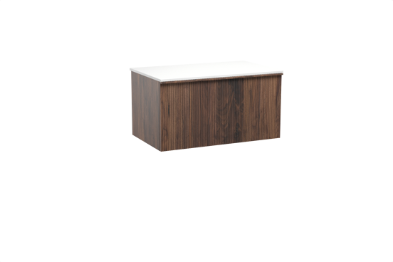 Balmani Forma hängendes Möbelstück Set: 90 x 55 cm, Amerikanischer Nussbaum, mit Stretto Einzel Waschtischplatte, Solid Surface, Weiß matt, Vertikale symmetrische gerade Rippe