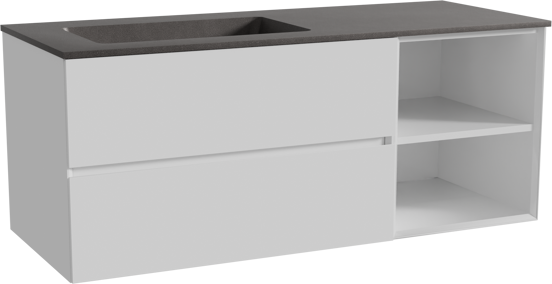 Storke Edge zwevend badmeubel 130 x 52 cm hoogglans wit met Scuro asymmetrisch linkse wastafel in kwarts mat zwart