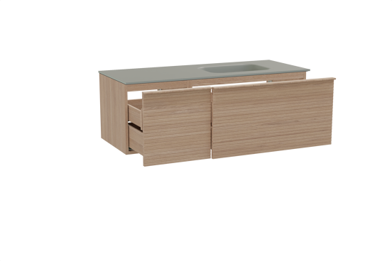 Balmani Forma zwevend badmeubel 135 x 55 cm naturel eiken met Tablo Arcato asymmetrisch rechtse wastafel in solid surface steengrijs, Horizontale symmetrische rechte ribbel