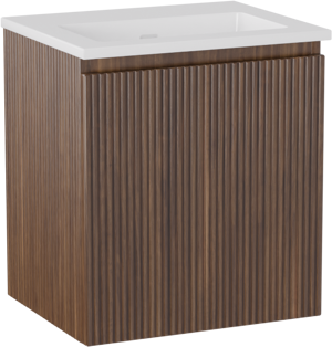 Storke Ribs zwevend badmeubel 45 x 35 cm notenhout met Diva enkele wastafel in composietmarmer hoogglans wit, Verticale symmetrische rechte ribbel